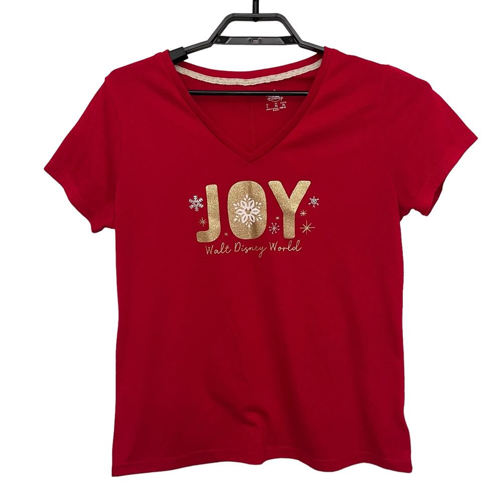 Disney JOY Womens T-Shirt Top Sz L Holiday Glitter Snowflake Christmas Winter